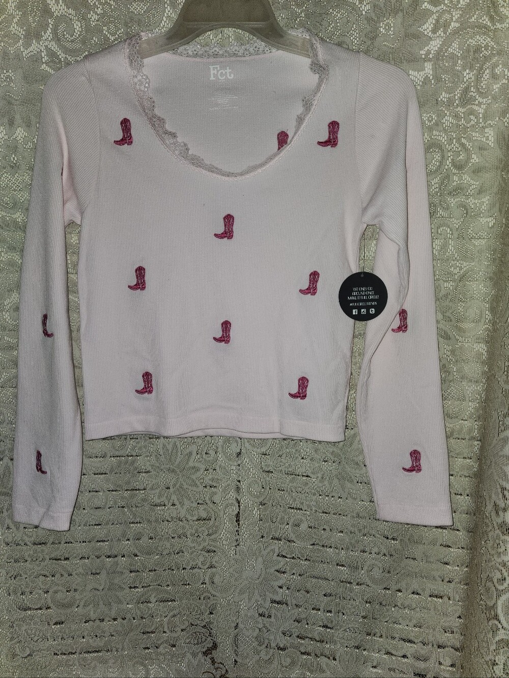 Light Pink Long-Sleeve Top with Pink Boot Embroidery